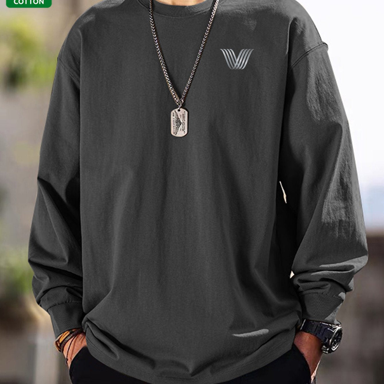 T-shirt Homme Manches Longues Uni Col Rond Ample Décontracté