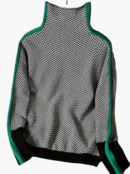 Maglione Invernale Donna Collo Alto Motivo Geometrico Stile Elegante Casual