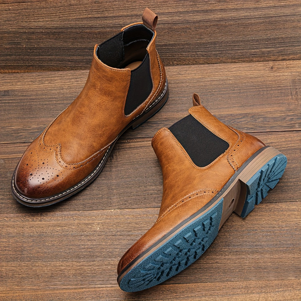 Bottes Chelsea Homme Marron Brogue Détails Perforés Élastiques Latéraux Semelle Bleue