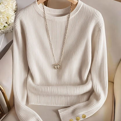 Pull femme marron côtelé col rond manches longues à boutons dorés
