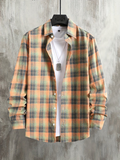 Chemise à carreaux homme, manches longues, orange et gris, style décontracté