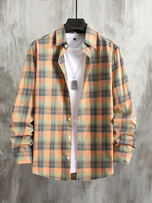 Chemise à carreaux homme, manches longues, orange et gris, style décontracté