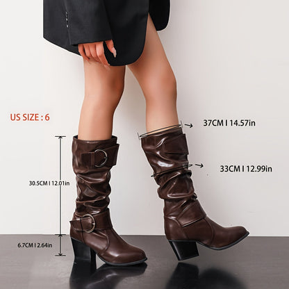 Bottes Femme mi-mollet plissées avec boucles décoratives et talon épais