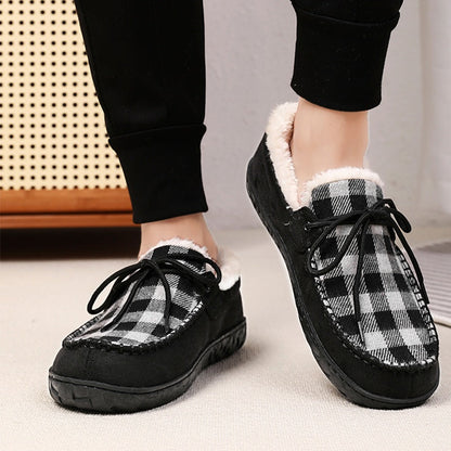Mocassins Chaussons Doublés à Carreaux Marron pour Homme