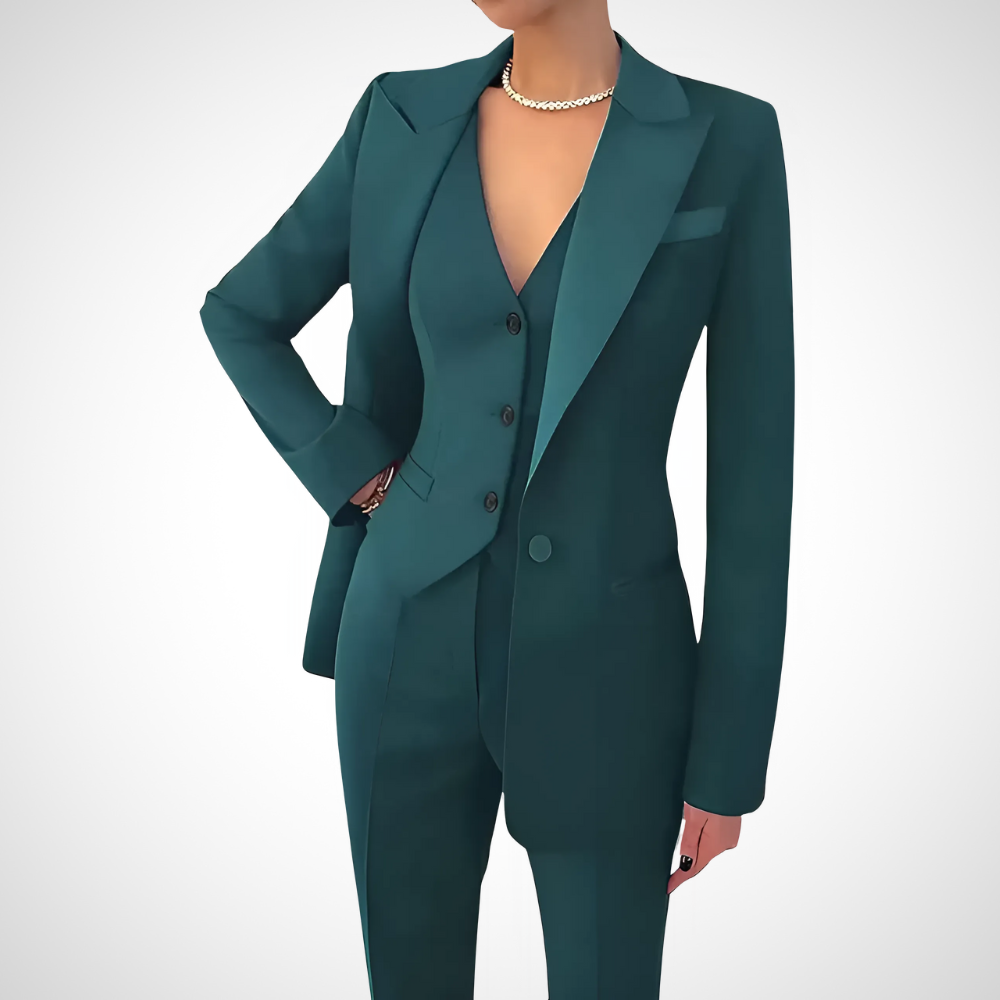Elegant tre-delt damesæt med blazer, vest og bukser i professionel stil