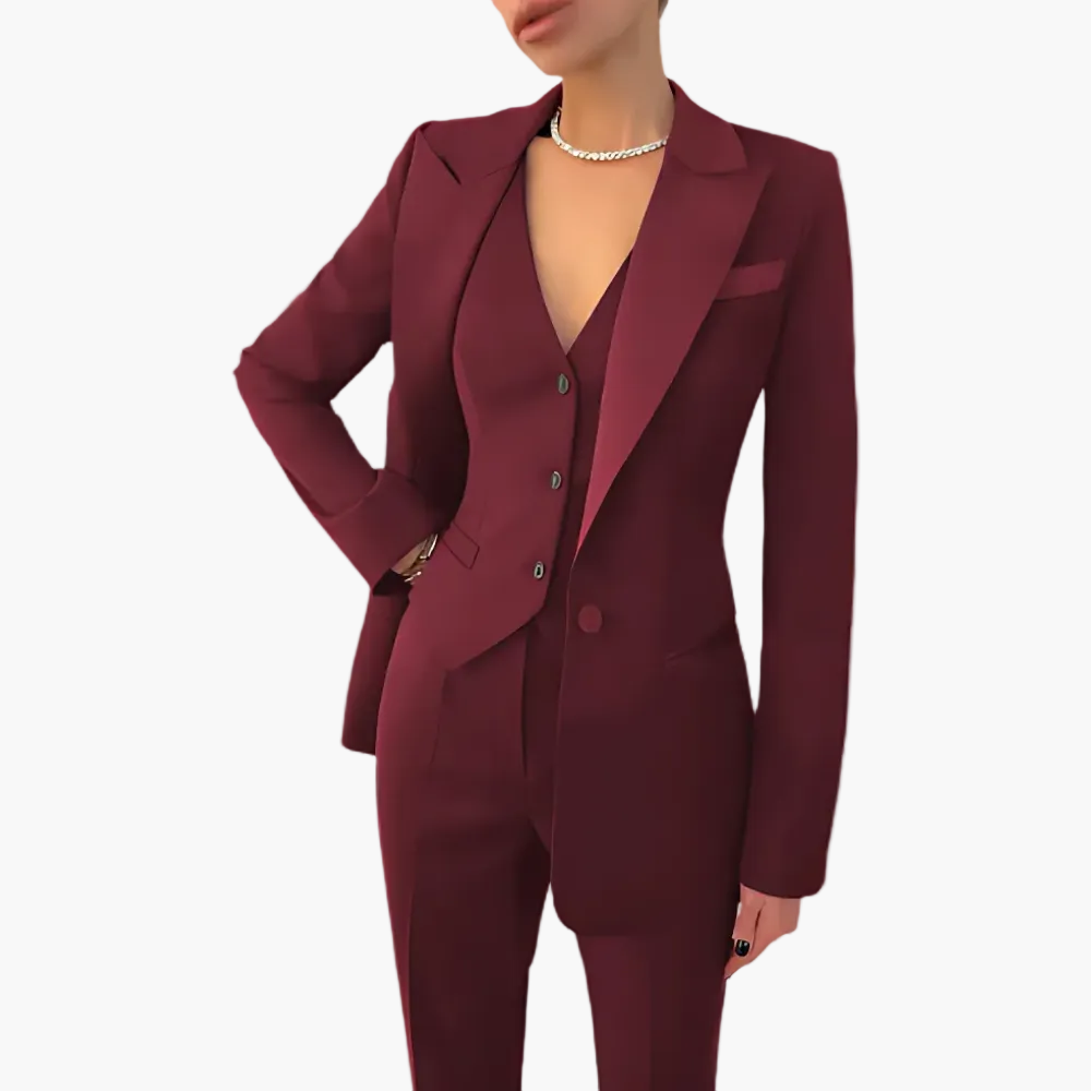 Elegant tre-delt damesæt med blazer, vest og bukser i professionel stil