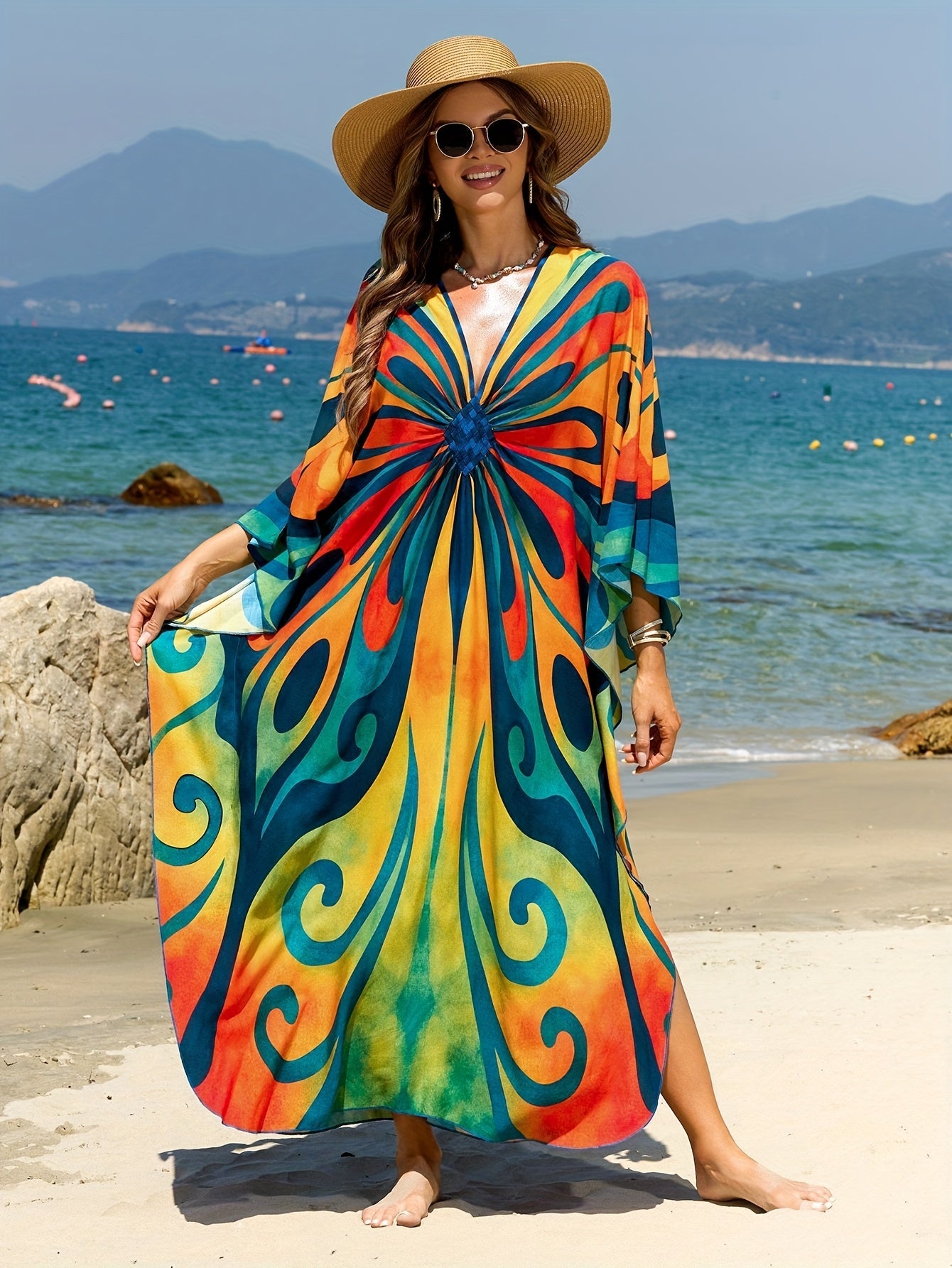 Lang caftan til kvinder i boheme-stil til strand og ferie