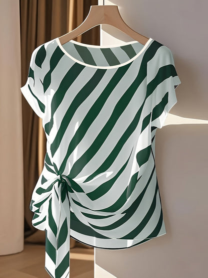Elegant Women's Blouse with Bohemian Pattern for Spring/Summer, Asymmetric Style with Decorative Bow