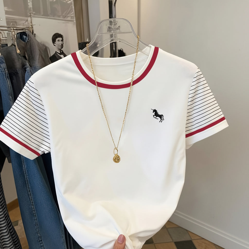 Dames T-shirt met eenhoornprint, moderne stijl, contrasterende kraag, gestreepte mouw