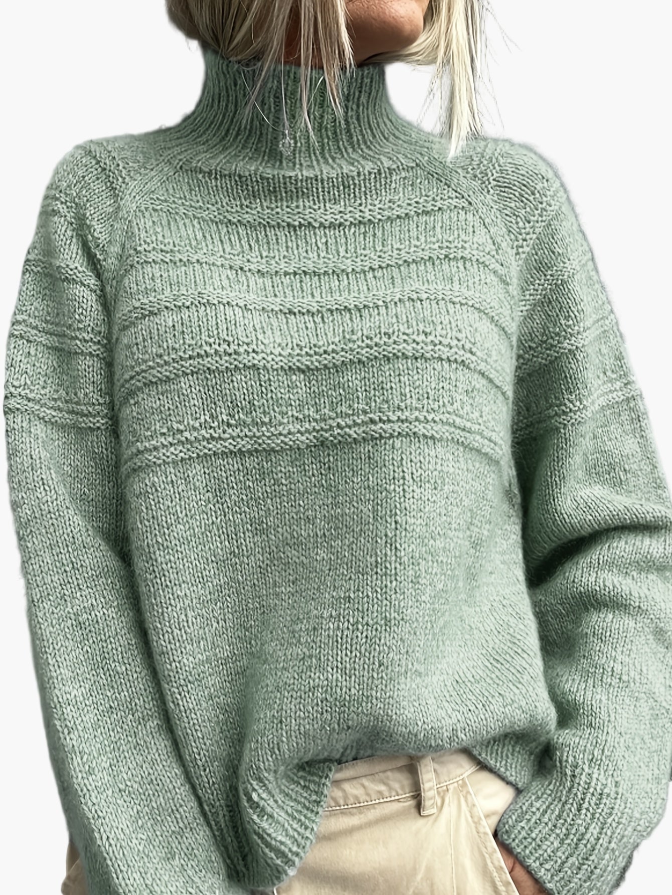 Maglione Donna Collo Alto Stile Elegante Lavorato a Maglia con Motivo a Righe per l'Inverno