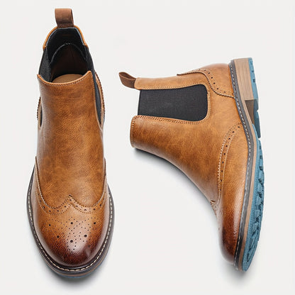 Bottes Chelsea Homme Marron Brogue Détails Perforés Élastiques Latéraux Semelle Bleue
