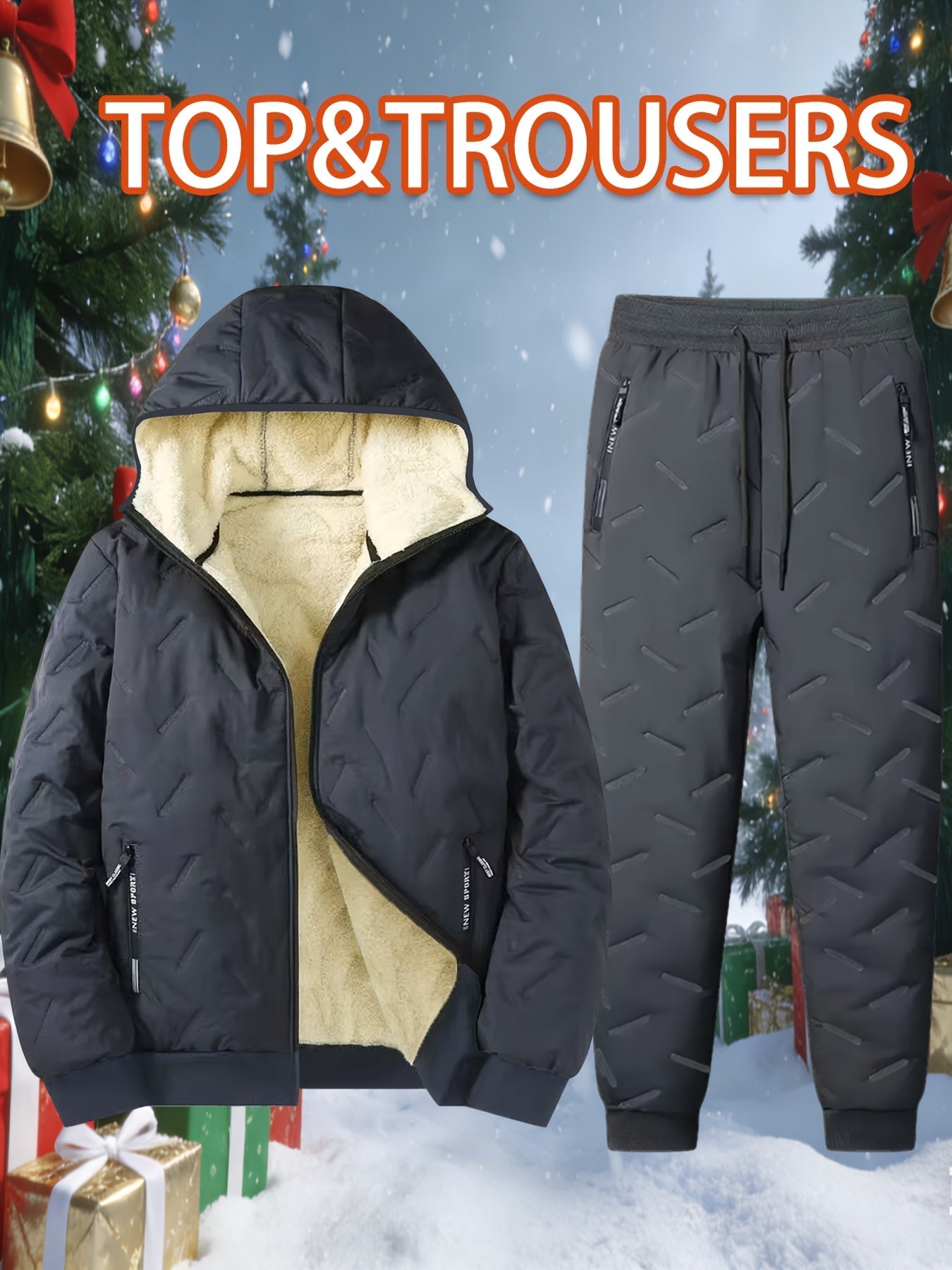 Ensemble Homme Hiver Matelassé Doublure Douce à Capuche - Veste Zippée et Pantalon Jogging