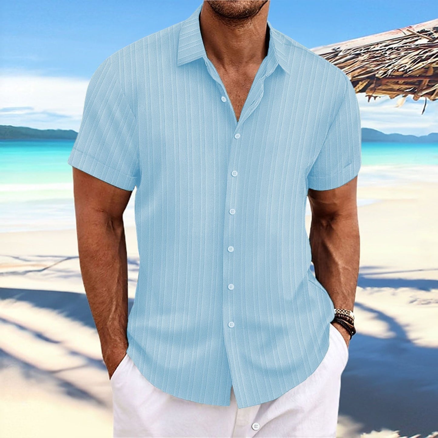 Chemise décontractée à rayures pour homme – Style estival chic, idéale pour la plage ou la ville