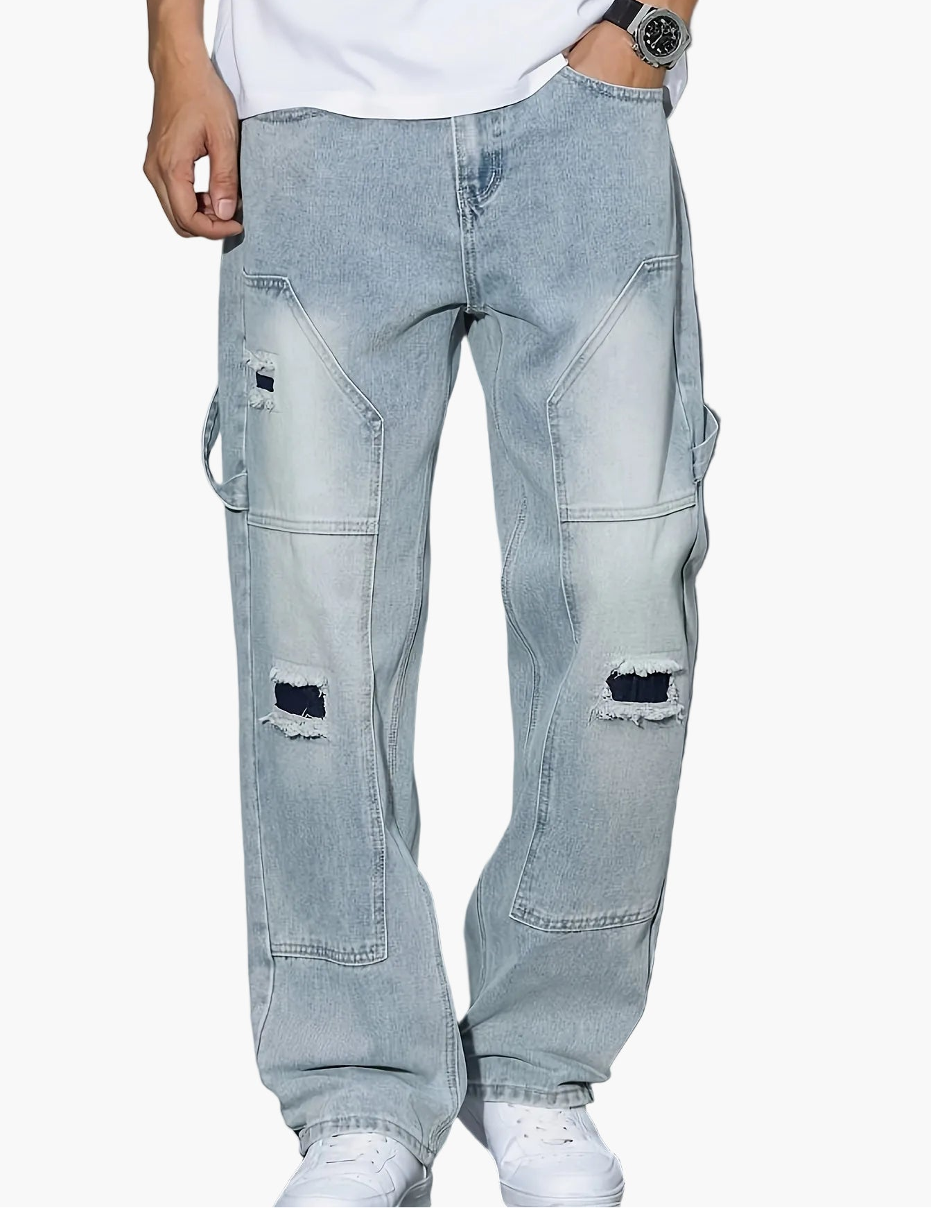 Loszittende cargo jeans voor heren met wijde pasvorm en versleten details - Trendy urban stijl