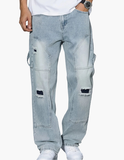 Loszittende cargo jeans voor heren met wijde pasvorm en versleten details - Trendy urban stijl