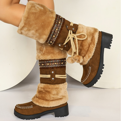 Bottes Femme Mi-Mollet Chaudes Style Ethnique Marron avec Fourrure et Pompons