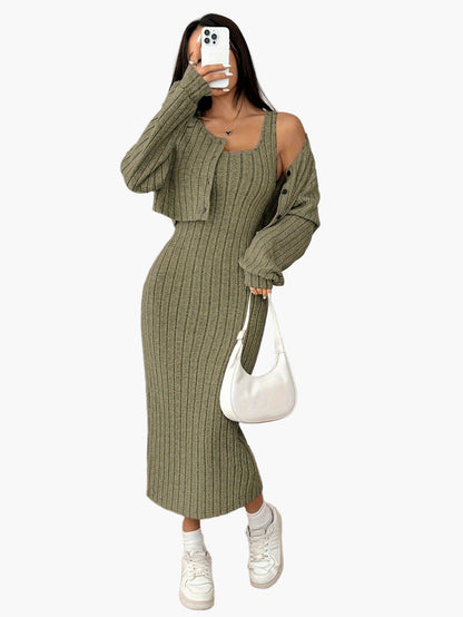 Completo Donna Elegante Due Pezzi Maglione con Bottoni e Gonna Lunga Stile Casual Primavera Autunno