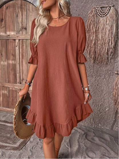 Amanda – Robe d'été à manches courtes avec volants de couleur unie et col rond