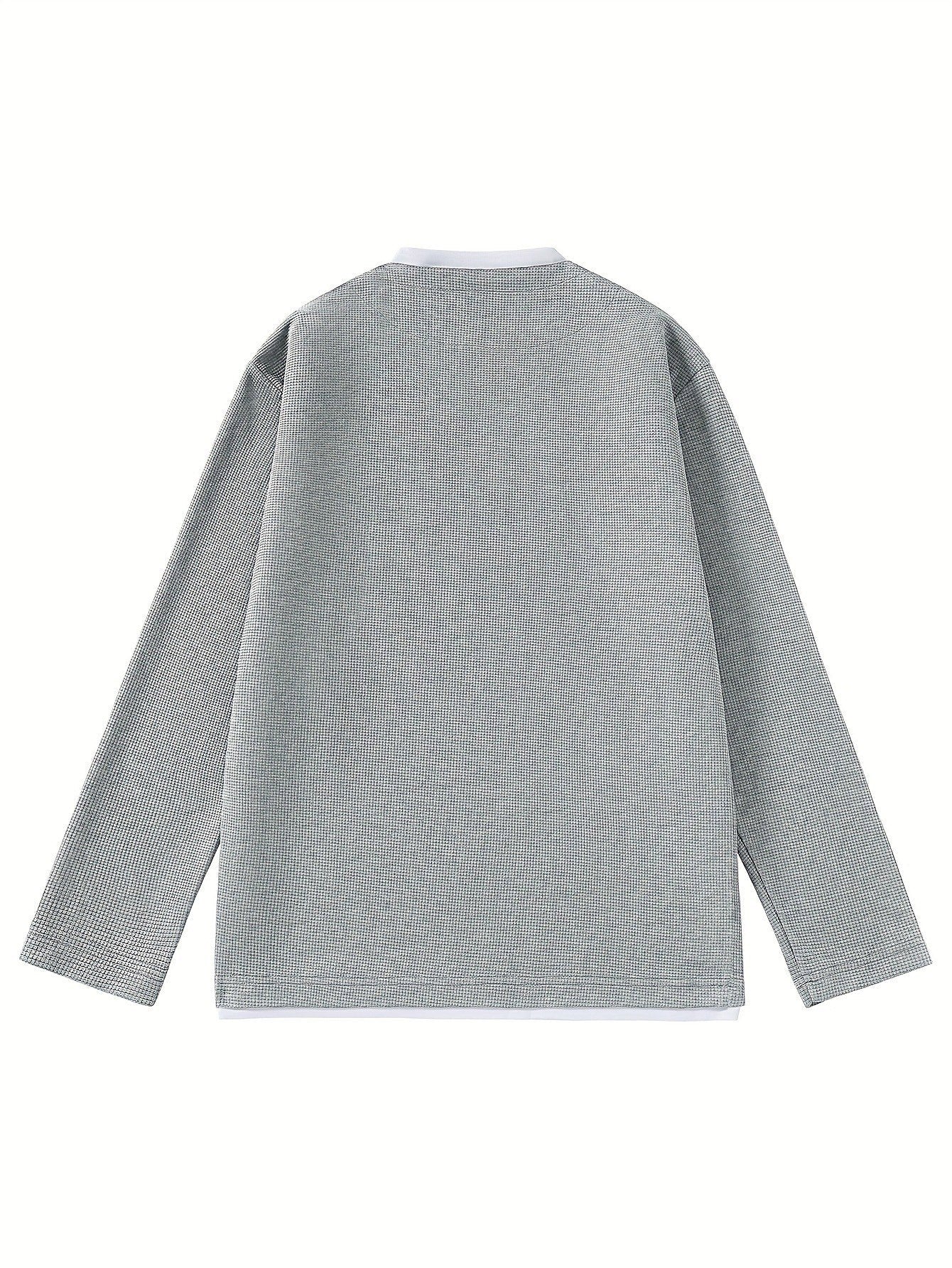 Pull Homme Maille Gaufre Bicolore Col V Manches Longues Gris