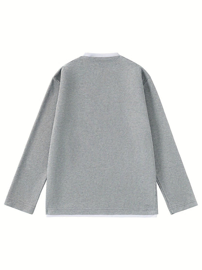 Pull Homme Maille Gaufre Bicolore Col V Manches Longues Gris