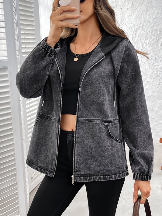 Veste à capuche femme gris délavé zippée poches à rabat