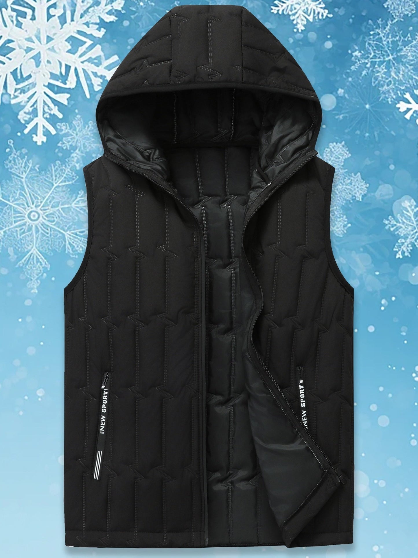Gilet matelassé sans manches à capuche pour homme, noir, fermeture éclair