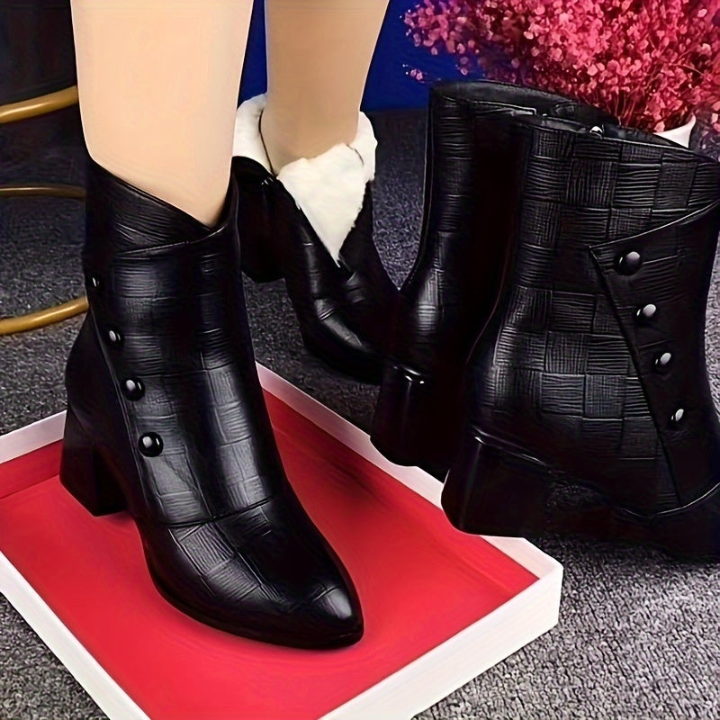 Bottines noires à talon large pour femme avec motifs géométriques et boutons décoratifs
