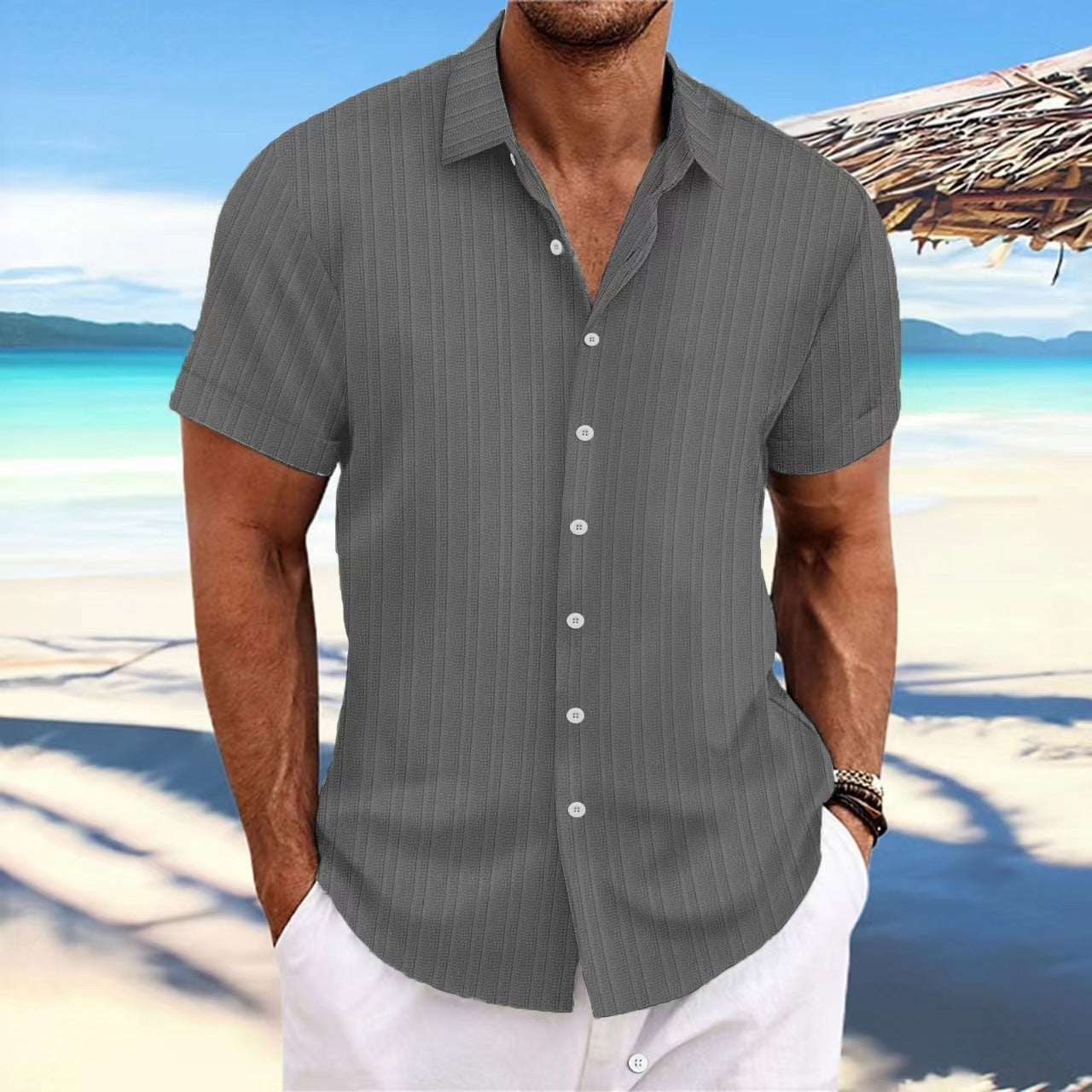 Chemise décontractée à rayures pour homme – Style estival chic, idéale pour la plage ou la ville