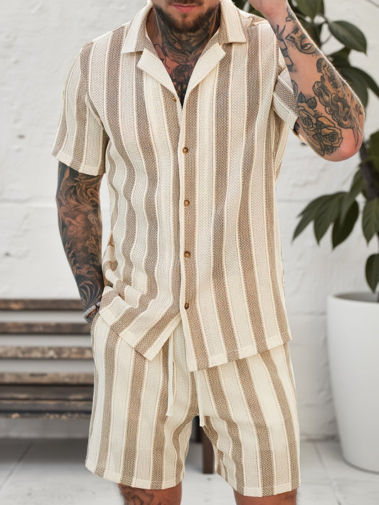 Ensemble décontracté pour homme – Chemise à manches courtes et short à rayures – Style estival tendance