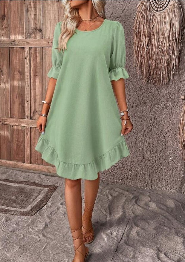 Amanda – Robe d'été à manches courtes avec volants de couleur unie et col rond