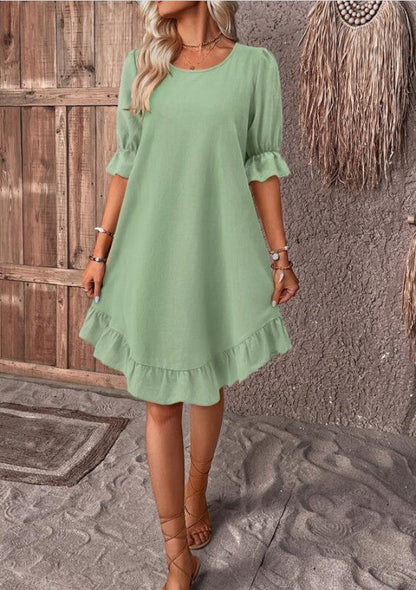 Amanda – Robe d'été à manches courtes avec volants de couleur unie et col rond