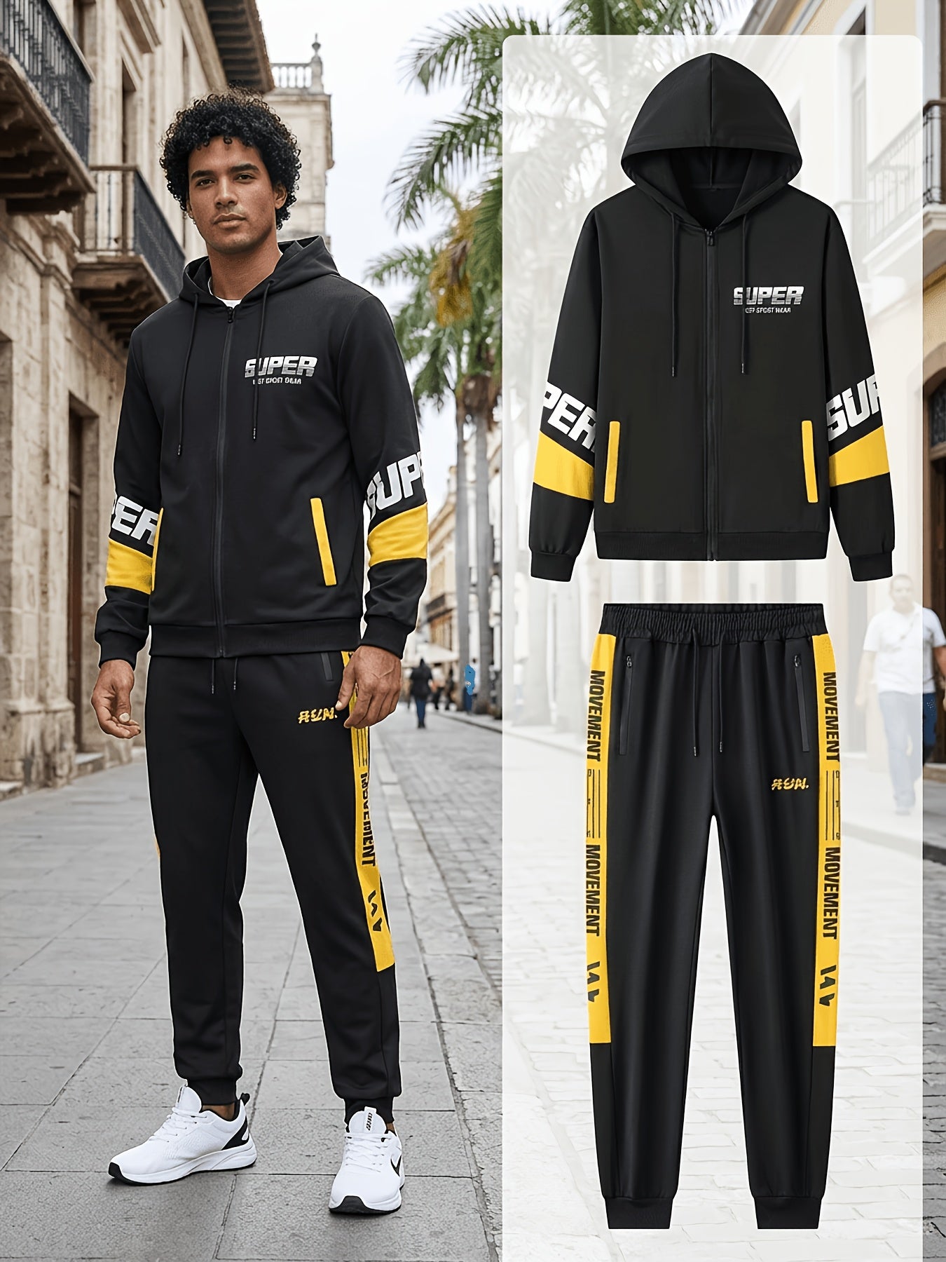 Ensemble Homme Sportif Noir avec Capuche et Bandes Latérales