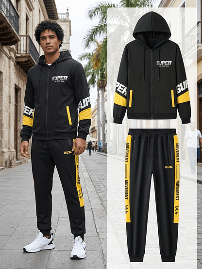 Ensemble Homme Sportif Noir avec Capuche et Bandes Latérales