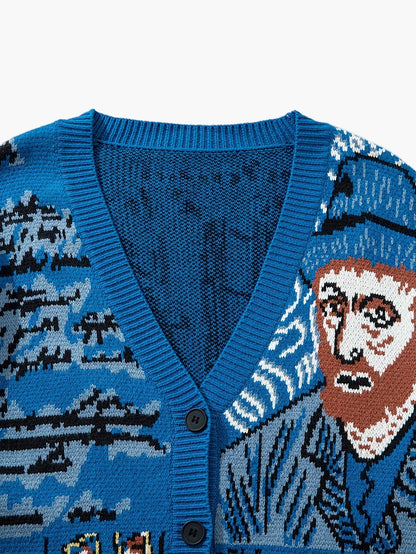 Herre afslappet cardigan i kunstnerisk stil med portræt- og landskabsmotiv