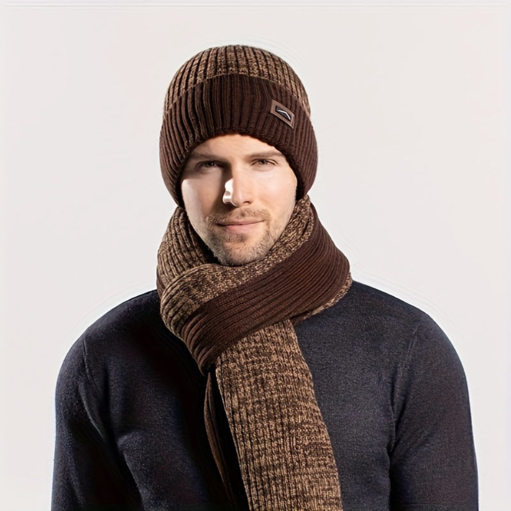 Ensemble hiver bonnet écharpe gants gris chiné tricot doublé polaire pour homme