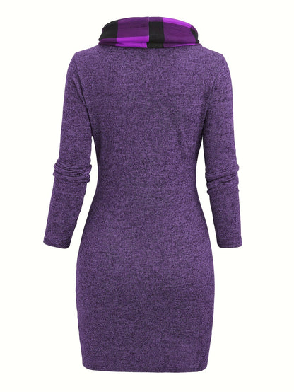 Robe Pull Courte Femme avec Col Cheminée et Motif Carreaux Bicolores