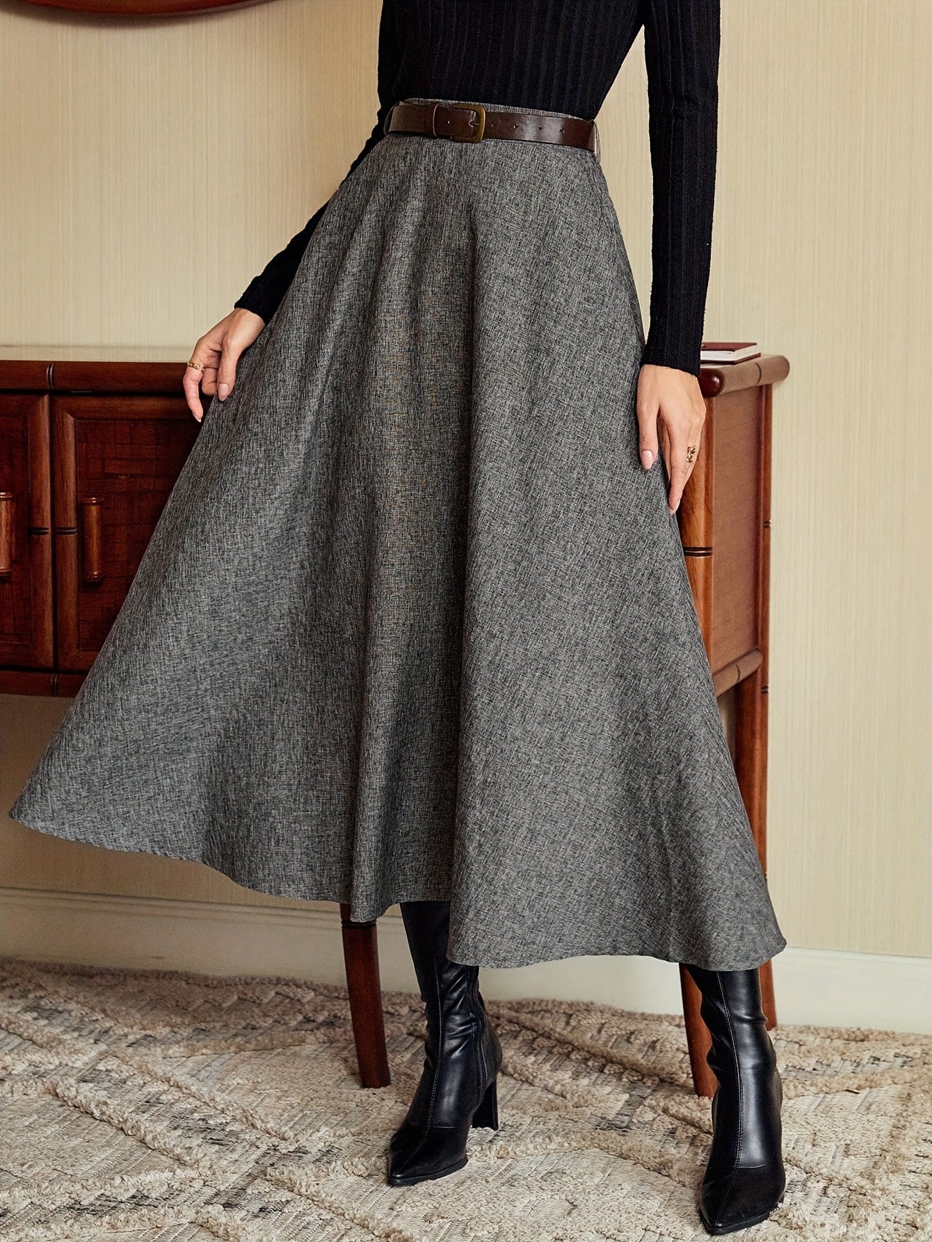 Jupe longue évasée taille haute unie gris chiné pour femme