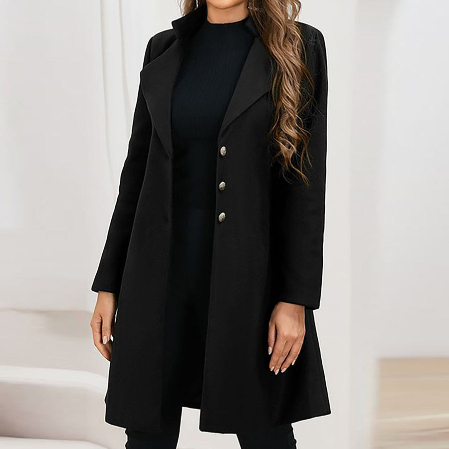 Elegant Women's Mid-Length Black Coat with Gold Buttons