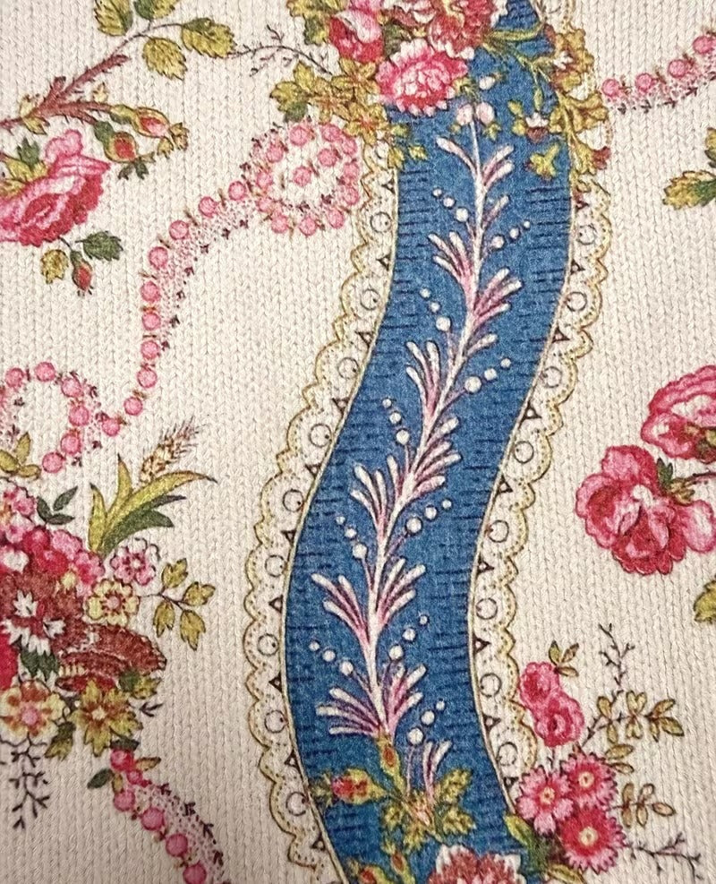 Krämfärgad blommig stickad jacka för kvinnor med dragkedja, blommönster och blå ränder