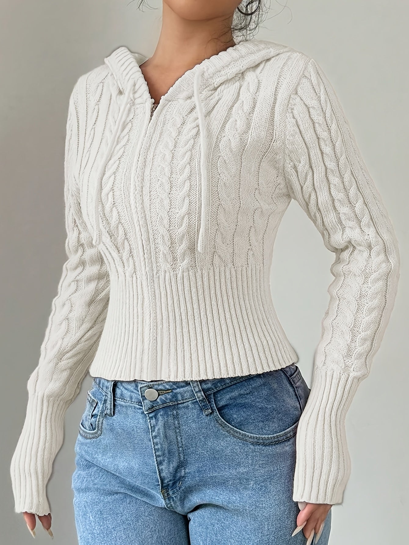 Sweat à capuche Femme tricoté torsadé court avec zip et cordon de serrage