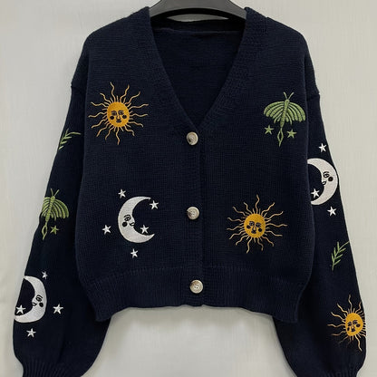 Cardigan court en maille pour femme, col en V, manches longues, motifs soleil et lune brodés