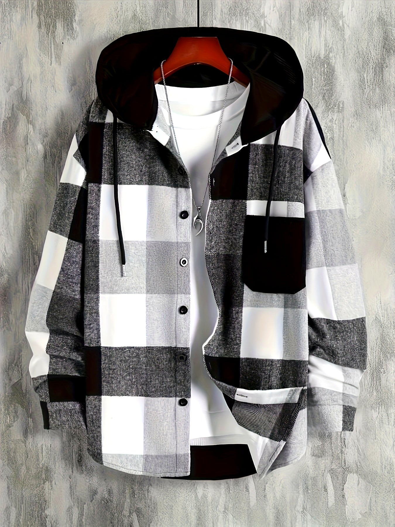 Veste à capuche homme à carreaux noir et blanc à boutonnage simple