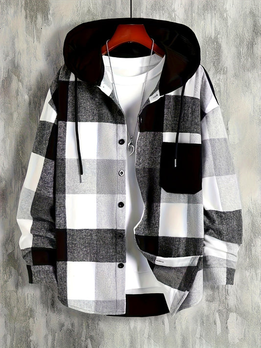 Veste à capuche homme à carreaux noir et blanc à boutonnage simple