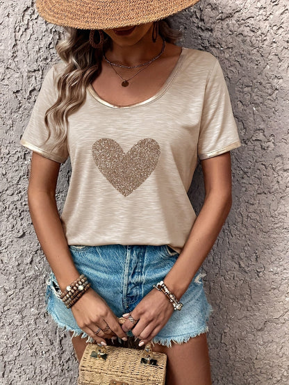 T-shirt décontracté femme à motif cœur brillant et détails métalliques – Style tendance pour sorties et quotidien