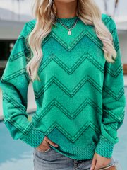 Sweatshirt Femme Imprimé Chevron Effet Denim Coupe Ample Manches Longues Col Rond