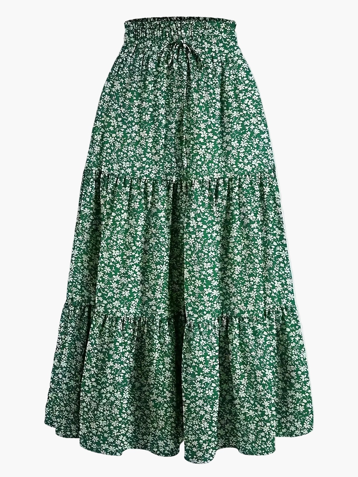 Gonna lunga donna elegante a vita alta con volant, stile primavera estate, ideale per tempo libero e uscite