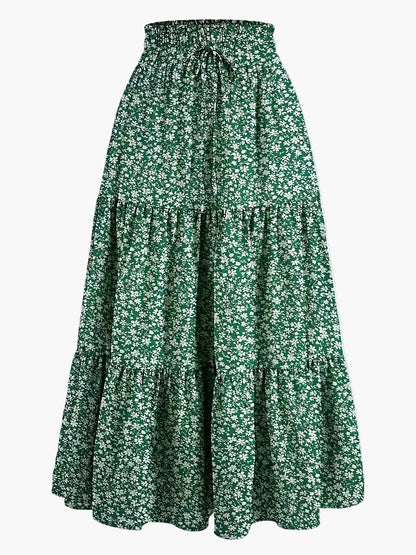 Gonna lunga donna elegante a vita alta con volant, stile primavera estate, ideale per tempo libero e uscite