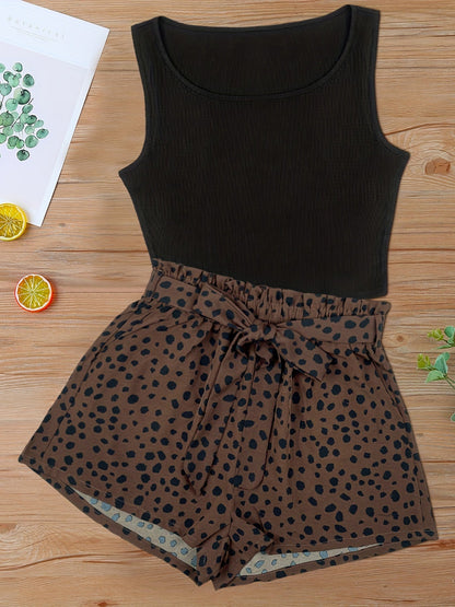 Women's Elegant Style Summer Printed High-Waisted Tank Top and Shorts Set