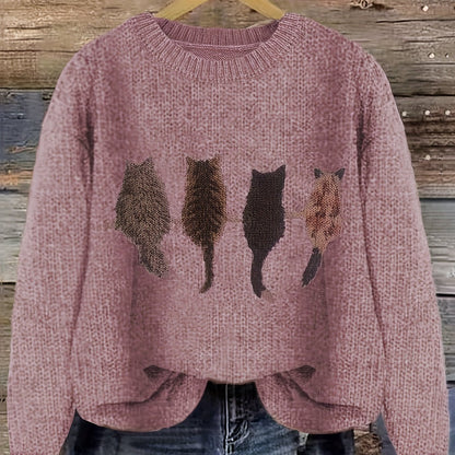 Pull en maille femme col rond à motif chats manches longues