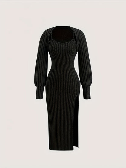 Ensemble Robe Midi Bretelles Fines & Boléro Court Manches Longues Maille Côtelée